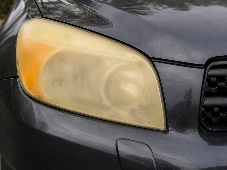 Toyota RAV4 headlight before restoration, yellowed and hazed over