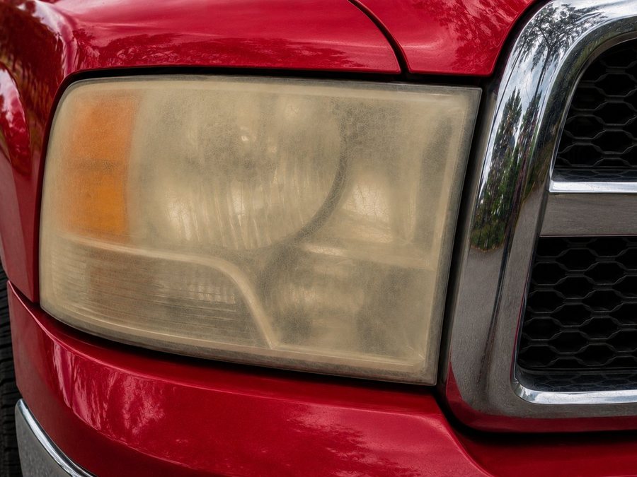 Ram 1500 headlight before restoration, yellowed and hazed over